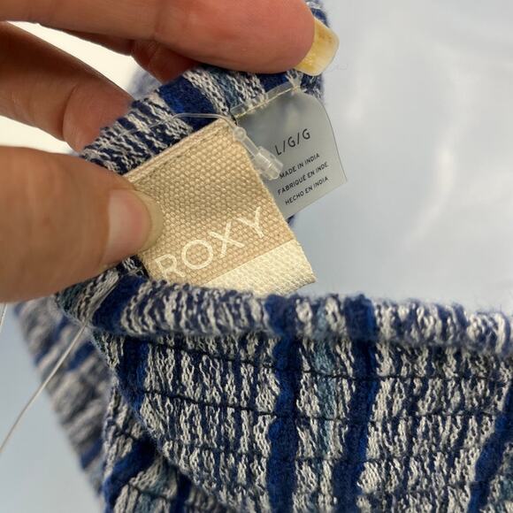 Roxy Bandeau Crop Halter Womens Top Sz L Boho Coastal Y2K Beach Smocked Striped - Picture 10 of 12